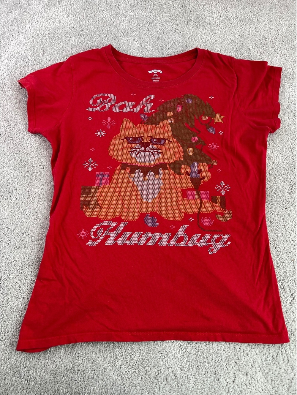 Holiday Time Christmas Cat T-Shirt L 12-14 Red 100% Cotton Holiday Graphic